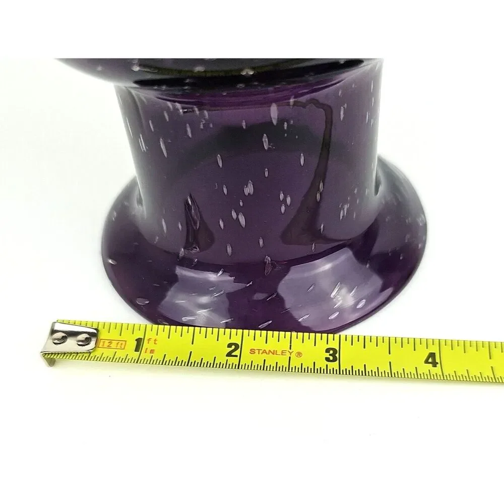 Hand Blown Amethyst Purple Vase Controlled Bubbles Clear Footed Base 8 in Tall